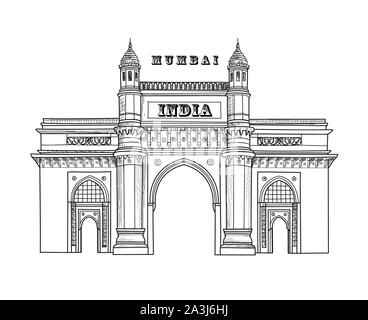Città di Mumbai e la relativa icona. Simbolo architettonico di Mumbai. Gateway of India. Architettura indiana. Indian famoso plalce di viaggio. Illustrazione Vettoriale
