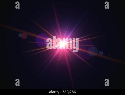Lente incandescente flare. Bellissimo effetto di abbagliamento con bokeh, glitter di particelle e raggi. Vini spumanti gli effetti di luce di flash con colorate brillano. Shining abs Illustrazione Vettoriale