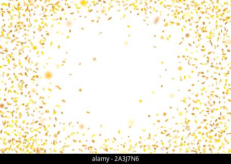 Golden coriandoli. La caduta casualmente glitter tinsel. Shiny turno isolato particelle su sfondo bianco. Vector celebration illustrazione per il carnevale, pa Illustrazione Vettoriale