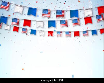 Ghirlande di bunting USA flag. Decorative simboli patriottica per festività nazionali in Stati Uniti d'America. Banner di vettore per celebrare Independenc Illustrazione Vettoriale