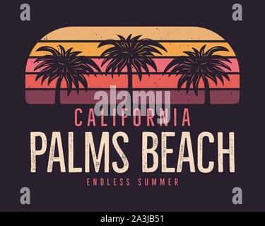 California Palms Beach grafica per T-Shirt, stampe. Vintage disegnati a mano 90s emblema dello stile. Retrò viaggio estivo scena badge inusuale. Surf Adventure Illustrazione Vettoriale