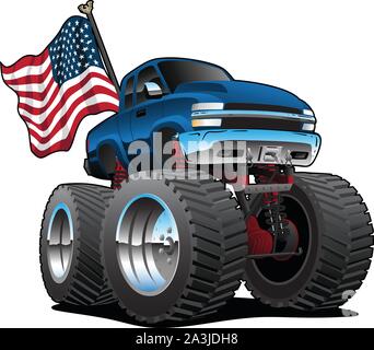 Monster pickup truck con bandiera degli Stati Uniti isolati del fumetto illustrazione vettoriale Illustrazione Vettoriale