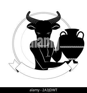 Nero la figura di uomo con la testa di toro che trasportano un anfora in un cerchio ornamentale, isolato su sfondo bianco. Illustrazione Vettoriale