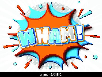 Parola Wham nel fumetto e pop art style. Cartoon poster colorati con fumetti, multistrato e multicolore divertente lettere, mezzitoni e suono Illustrazione Vettoriale