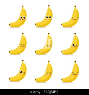 Carino, divertente e felice banana impostano il carattere. Frutti illustrazione vettoriale Illustrazione Vettoriale