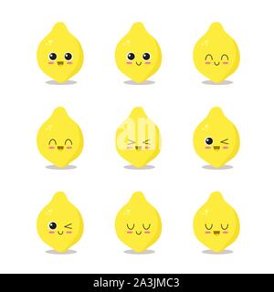 Carino, divertente e felice di limone carattere impostato. Frutti illustrazione vettoriale Illustrazione Vettoriale