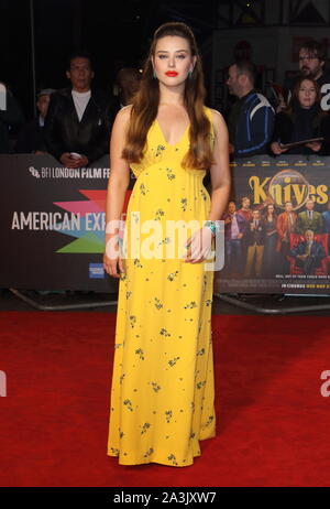 Katherine Langford assiste la 63rd BFI London Film Festival, American Express di Gala per lo screening di 'i coltelli sono tenuti presso l' Odeon Luxe, Leicester Square a Londra. Foto Stock