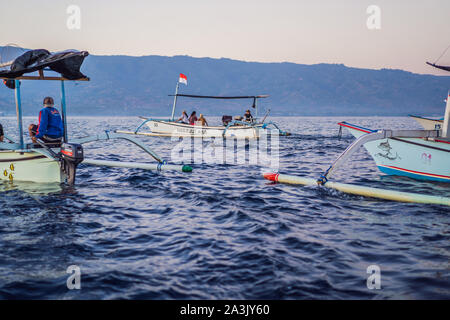 Bali, Indonesia, Agosto 17, 2019: Libera i delfini nel mare di saltare fuori dall'acqua vicino alla barca Foto Stock