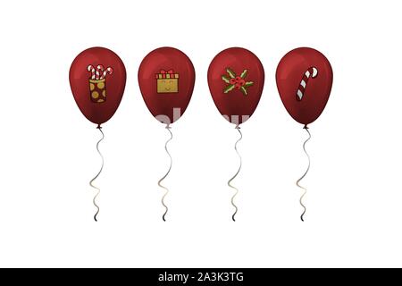 Felice Anno Nuovo. Palloncini rossi con dono e segni di caramella. Illustrazione Vettoriale. Illustrazione Vettoriale