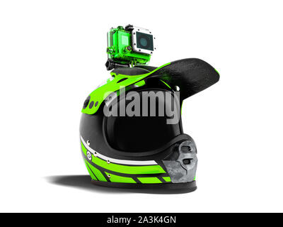 Verde moderno motociclo casco con azione verde fotocamera 3D render su sfondo bianco con ombra Foto Stock
