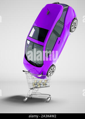 Moderno viola vendita auto elettrica nel carrello per denaro 3D render su uno sfondo grigio con ombra Foto Stock