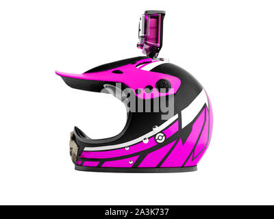 Rosa moderno motociclo casco con azione di rosa la telecamera verso sinistra 3D render su sfondo bianco senza ombra Foto Stock