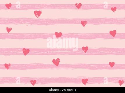 Rosa coriandoli cuori su uno sfondo a strisce. Modello senza giunture. Dipinto a mano i tratti di pennello. Illustrazione Vettoriale