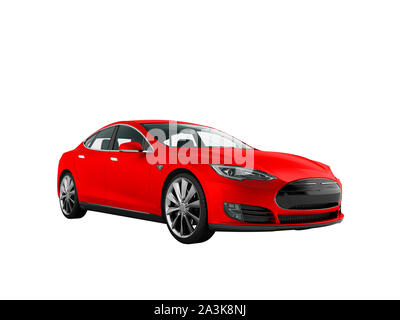 Nuova e moderna red auto elettrica 3d rendering su sfondo bianco senza ombra Foto Stock