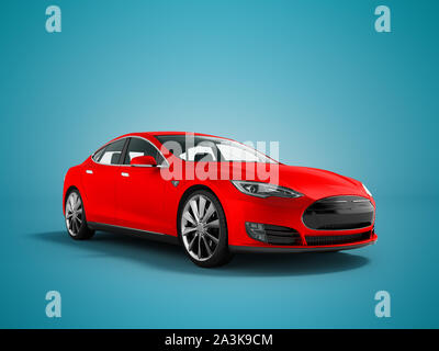 Nuova e moderna red auto elettrica 3d rendering su sfondo blu con ombra Foto Stock