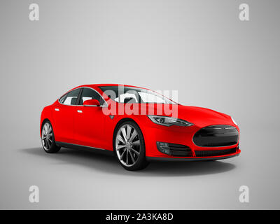 Nuova e moderna red auto elettrica 3d rendering su sfondo grigio con ombra Foto Stock