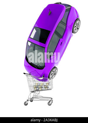 Moderno viola vendita auto elettrica nel carrello per denaro 3D render su sfondo bianco senza ombra Foto Stock