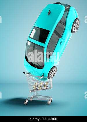 Moderna blu vendita auto elettrica nel carrello per denaro 3D render su sfondo blu con ombra Foto Stock