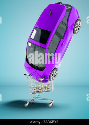 Moderno viola vendita auto elettrica nel carrello per denaro 3D render su sfondo blu con ombra Foto Stock