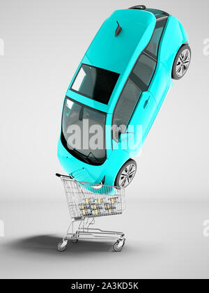 Moderna blu vendita auto elettrica nel carrello per denaro 3D render su uno sfondo grigio con ombra Foto Stock