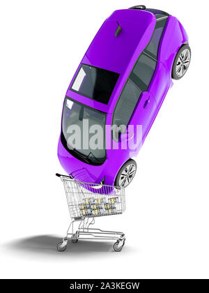 Moderno viola vendita auto elettrica nel carrello per denaro 3D render su sfondo bianco con ombra Foto Stock