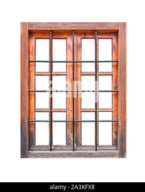 Finestra in legno con barre di ferro isolato su sfondo bianco Foto Stock