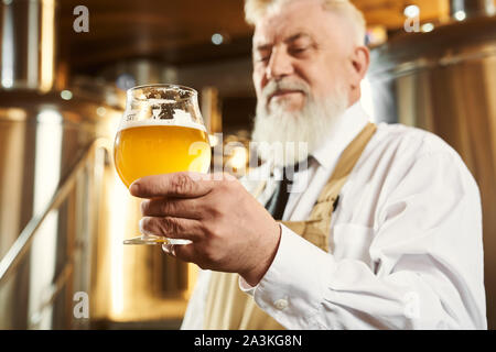 Close up di anziani brewer in camicia bianca e grembiule marrone tenendo il vetro spia con la birra artigianale. Il lavoratore professionale esaminando la birra alla fabbrica con attrezzature moderne. Concetto di tecnologia moderna. Foto Stock