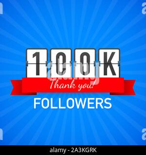 100k seguaci, Grazie, siti sociali post. Ringrazio seguaci congratulazioni card. Vettore illustrazione stock. Illustrazione Vettoriale