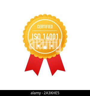 Certificata ISO 14001 etichetta oro su sfondo bianco. Vettore illustrazione stock. Illustrazione Vettoriale