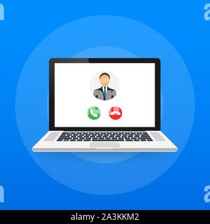 Videochiamata in arrivo sul computer portatile. Computer portatile con la chiamata in entrata, l'uomo immagine del profilo e accetta rifiuta i pulsanti. Illustrazione Vettoriale. Illustrazione Vettoriale