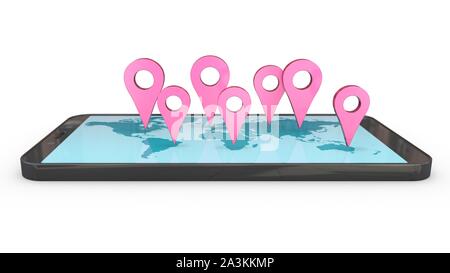 3d immagine: rosa puntatori gps - frecce sul mondo blu mappa su schermo di cellulare sono diretti a diversi continenti o paesi. Il turismo Foto Stock