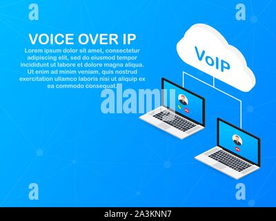 La tecnologia VoIP, Voice over IP. Chiamate internet banner. Vettore illustrazione stock. Illustrazione Vettoriale