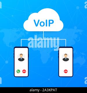 La tecnologia VoIP, Voice over IP. Chiamate internet banner. Vettore illustrazione stock. Illustrazione Vettoriale