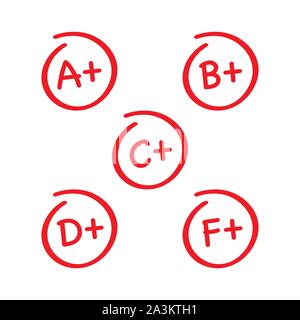 Grado set di risultati. Disegnata a mano di grado di vettore in un cerchio rosso. Vettore illustrazione stock. Illustrazione Vettoriale