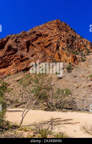 Il sentiero pedonale e il letto del fiume secco che conduce a Simpsons Gap nel territorio del Nord, Australia. Foto Stock