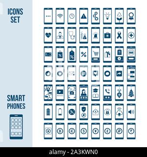 Serie di smartphone con diverse applicazioni e icone: shopping, finanza, social media, assistenza sanitaria, istruzione e notifiche Illustrazione Vettoriale