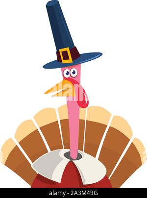 La Turchia in stile cartoon. Il carattere divertente ringraziamento. Felice ringraziamento divertente illustrazione della Turchia indossando pellegrino hat. In stile appartamento. Illustrazione Vettoriale