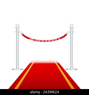 Tappeto rosso con cordoni rossi su supporti dorati. Evento esclusivo, prima del film, gala, cerimonia, concetto di premiazione. Illustrazione vettoriale stock. Illustrazione Vettoriale