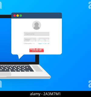 Accedi a Account, l'autorizzazione utente, login pagina di autenticazione concetto. Computer portatile con login e password modulo pagina sullo schermo. Stock di vettore Illustrazione Vettoriale