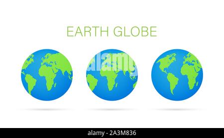 Impostare globi di massa isolata su sfondo bianco. Appartamento il pianeta Terra e la relativa icona. Vettore illustrazione stock. Illustrazione Vettoriale