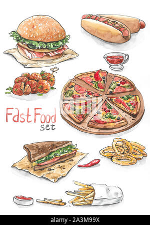 Il fast food set - pizza, hot dog, hamburger, patatine fritte, anelli di cipolla, sandwich Foto Stock