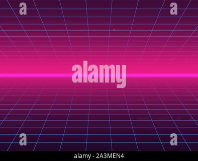 Paesaggio futuristico con stile griglia Laser. Il Neon Retrowave. Illustrazione Vettoriale. Illustrazione Vettoriale