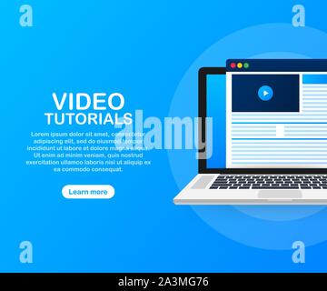Tutorial video concetto icona. Lo studio e lo sfondo di apprendimento, insegnamento a distanza e la crescita della conoscenza. Illustrazione Vettoriale. Illustrazione Vettoriale