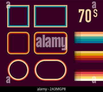 Negli anni Settanta il Museo di stile Cornici Vector Set. Alla moda degli anni settanta, vecchio stile artistico bordi decorativi. Illustrazione Vettoriale. Illustrazione Vettoriale