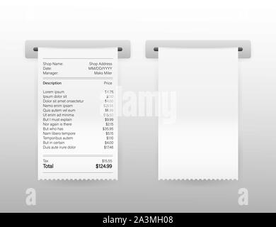 Vettore 3d realistiche di carta stampata delle transazioni ATM ricevuta di registrazione impostato Closeup isolati su sfondo bianco Illustrazione Vettoriale