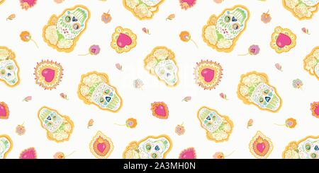 Vettore senza soluzione di continuità il giorno dei morti folk art pattern con la masterizzazione di cuore rosso e shugar scull in toni pastello. Divertente e felice di design per la vostra festa perfetta. Illustrazione Vettoriale