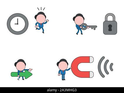 Illustrazione Vettoriale set di imprenditore carattere mascotte di scappare da orologio, portando la chiave per lucchetto, passeggiate e tenendo premuto freccia e tenendo il magnete Illustrazione Vettoriale