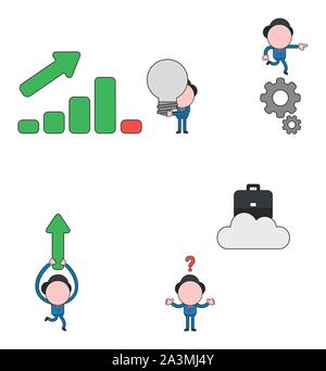 Illustrazione Vettoriale set di imprenditore carattere mascotte di vendita con il grafico a barra muovendosi verso l'alto e verso il basso e tenendo premuto luce grigia della lampadina, in esecuzione su ingranaggi, carryin Illustrazione Vettoriale