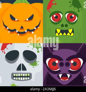 Set di scary volti di personaggi delle fiabe per Halloween. Illustrazione Vettoriale