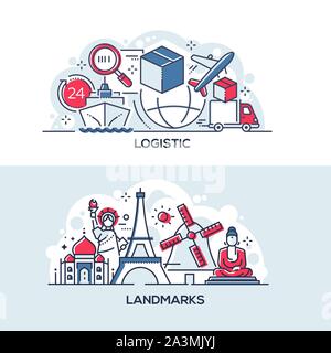 La logistica e i famosi simboli modello di pagina di intestazione Illustrazione Vettoriale